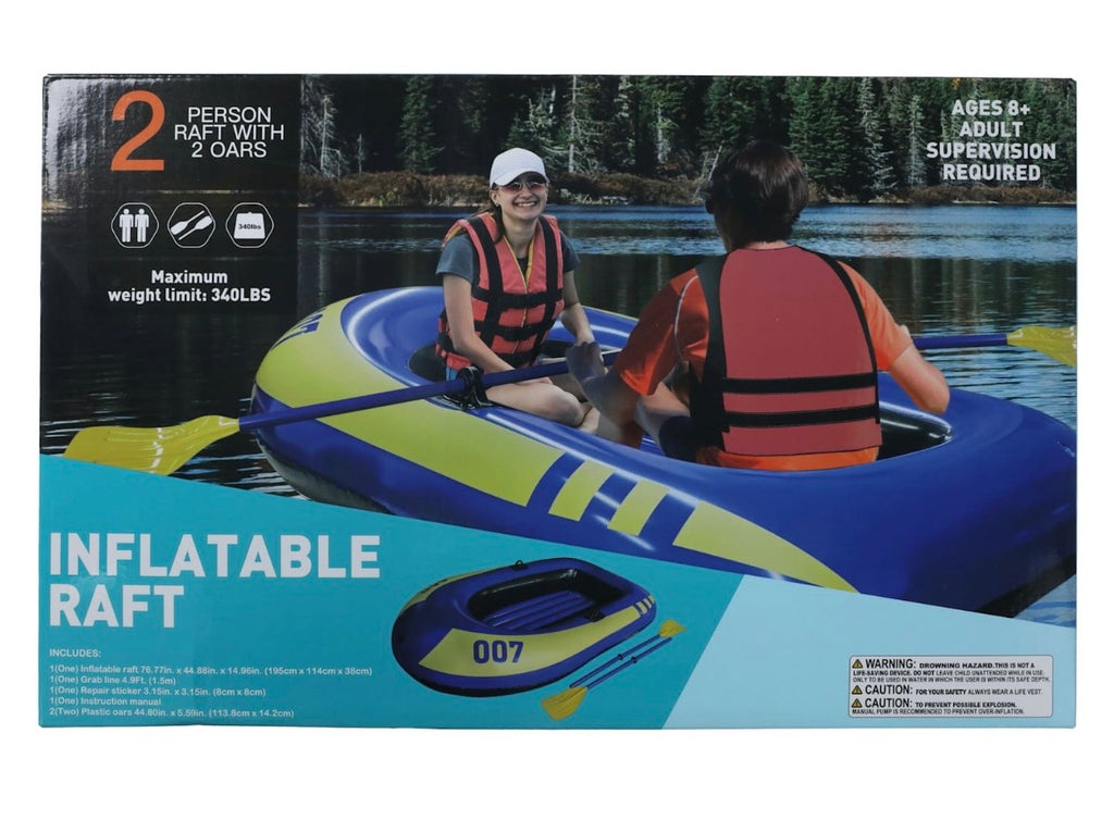 Inflatable River Raft, 2-Person Recreational Boat with Paddles, Blue and Yellow, Heavy-Duty Design, Includes 2 Oars