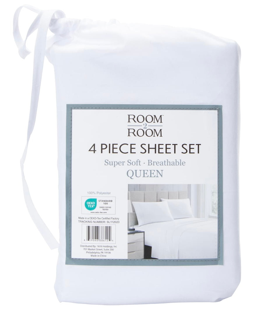 Super Soft Breathable Queen Sheet Set, White Polyester, 4 Piece with Flat Sheet, Fitted Sheet, 2 Pillowcases