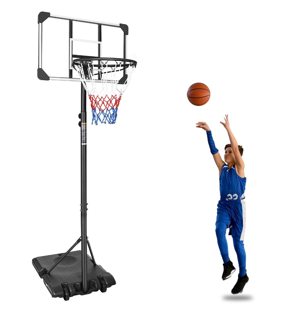 Portable Basketball Hoop System, 5.6-7 ft Height Adjustable, 28-inch Backboard, 16-inch Rim, Wheels for Mobility
