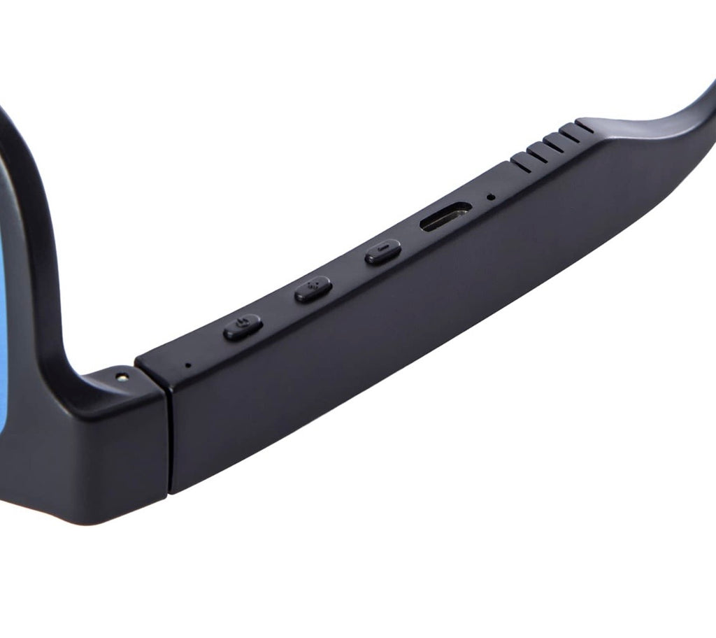 Bluetooth Audio Sunglasses, Black Frame with Blue Lenses, Wireless Smart Glasses