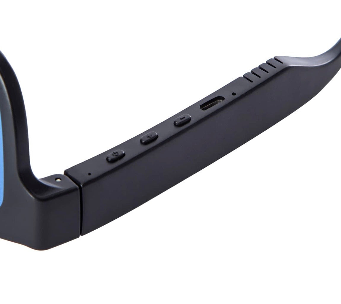 Bluetooth Audio Sunglasses, Black Frame with Blue Lenses, Wireless Smart Glasses