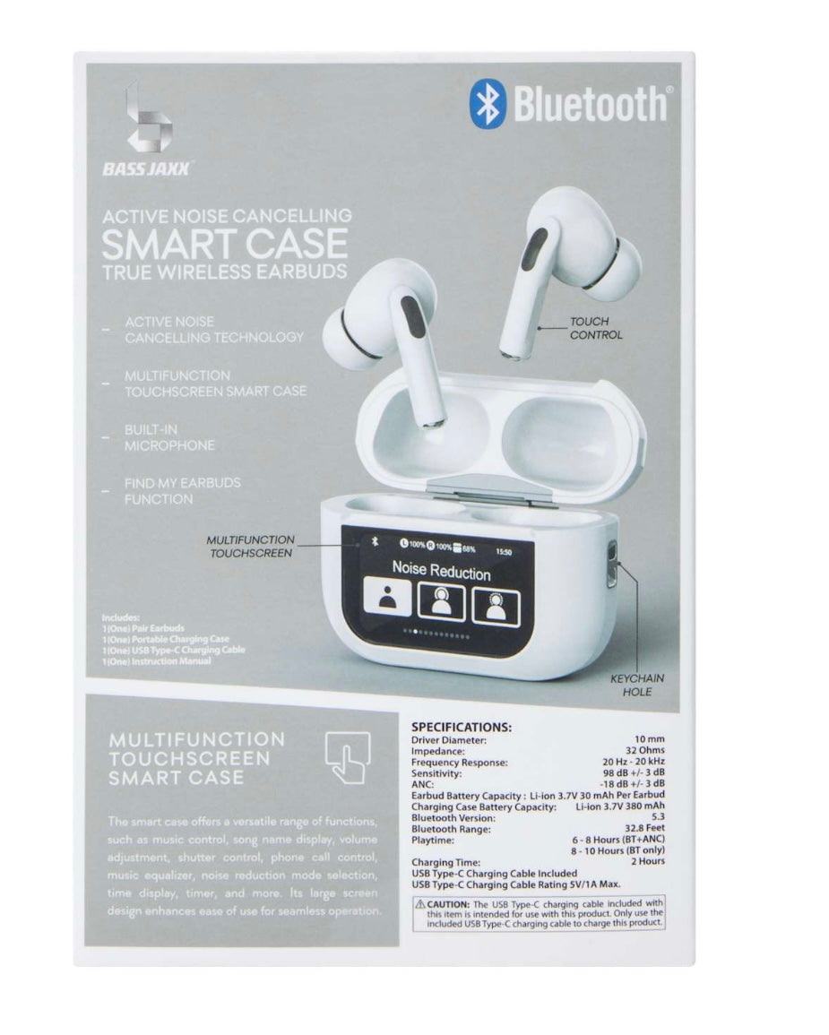 True Wireless Earbuds with Active Noise Cancelling, Smart Charging Case, White