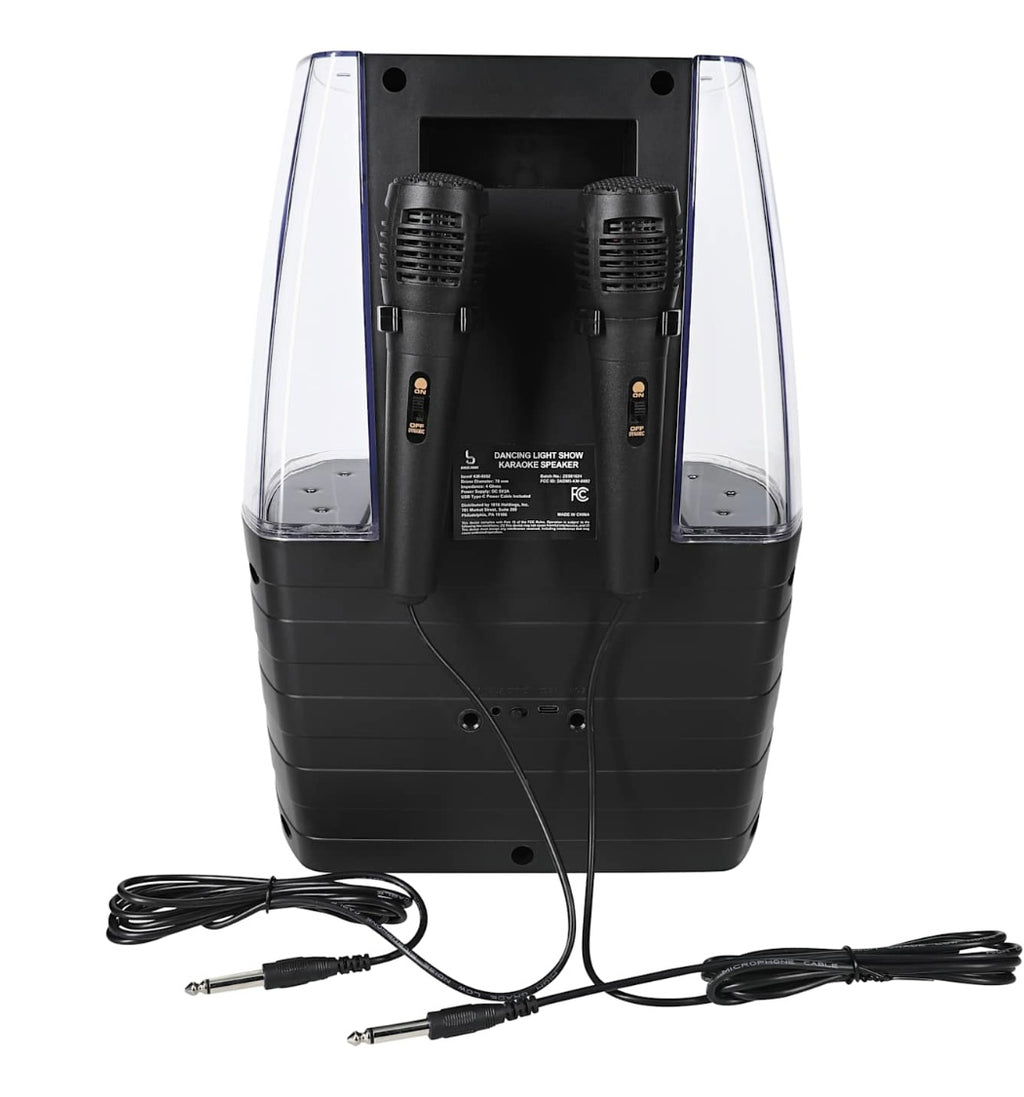 Dancing Light Show Bluetooth Karaoke Speaker, Black, LED Ring Light Display, Dual Microphone Ports, Portable Entertainment System