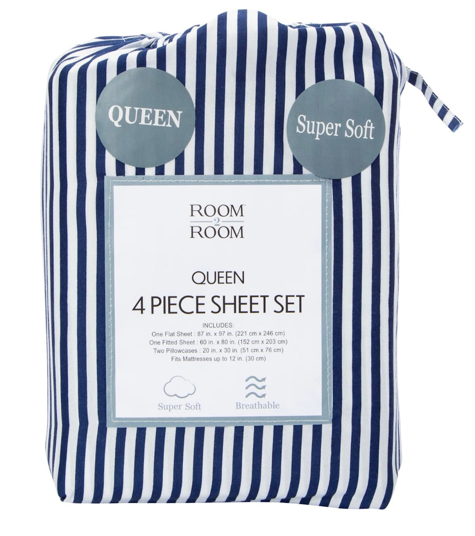 Super Soft Queen Sheet Set, Navy Blue and White Striped, 4 Piece with Pillowcases, Breathable Bedding