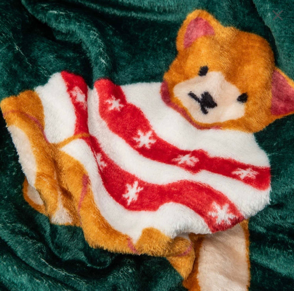 Plush Holiday Teddy Bear Throw Blanket, Green Velvet with Red and White Snowflake Pattern, Christmas Theme Decor