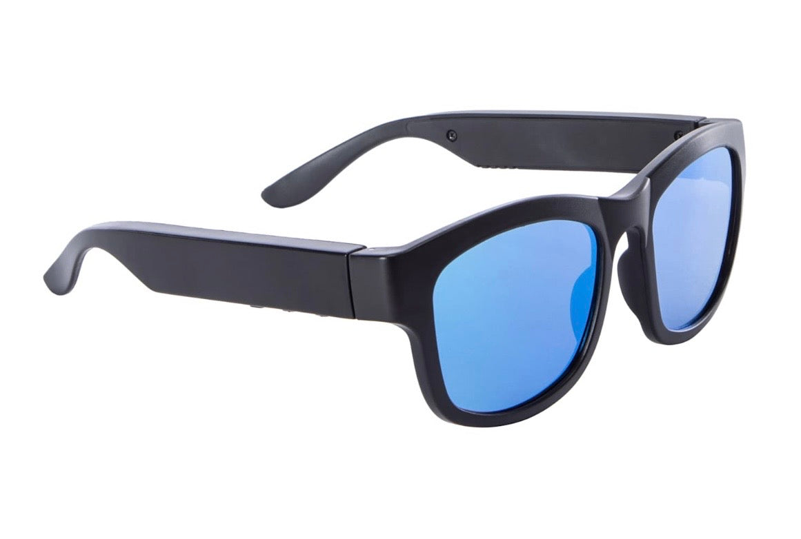 Bluetooth Audio Sunglasses, Black Frame with Blue Lenses, Wireless Smart Glasses