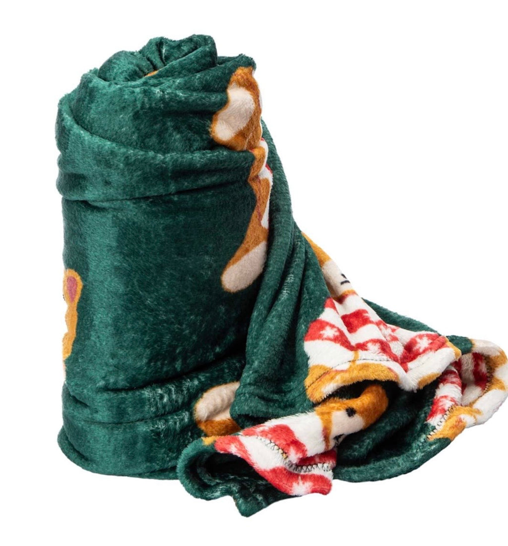 Plush Holiday Teddy Bear Throw Blanket, Green Velvet with Red and White Snowflake Pattern, Christmas Theme Decor