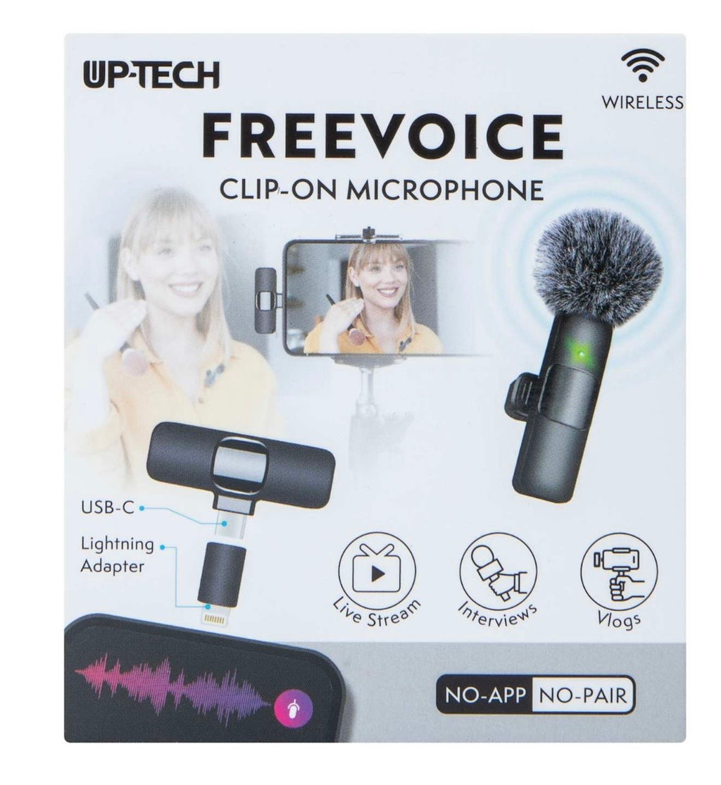 Professional Clip-on Lavalier Microphone with Furry Windscreen, Black, USB and Lightning Compatible, Portable Recording Device