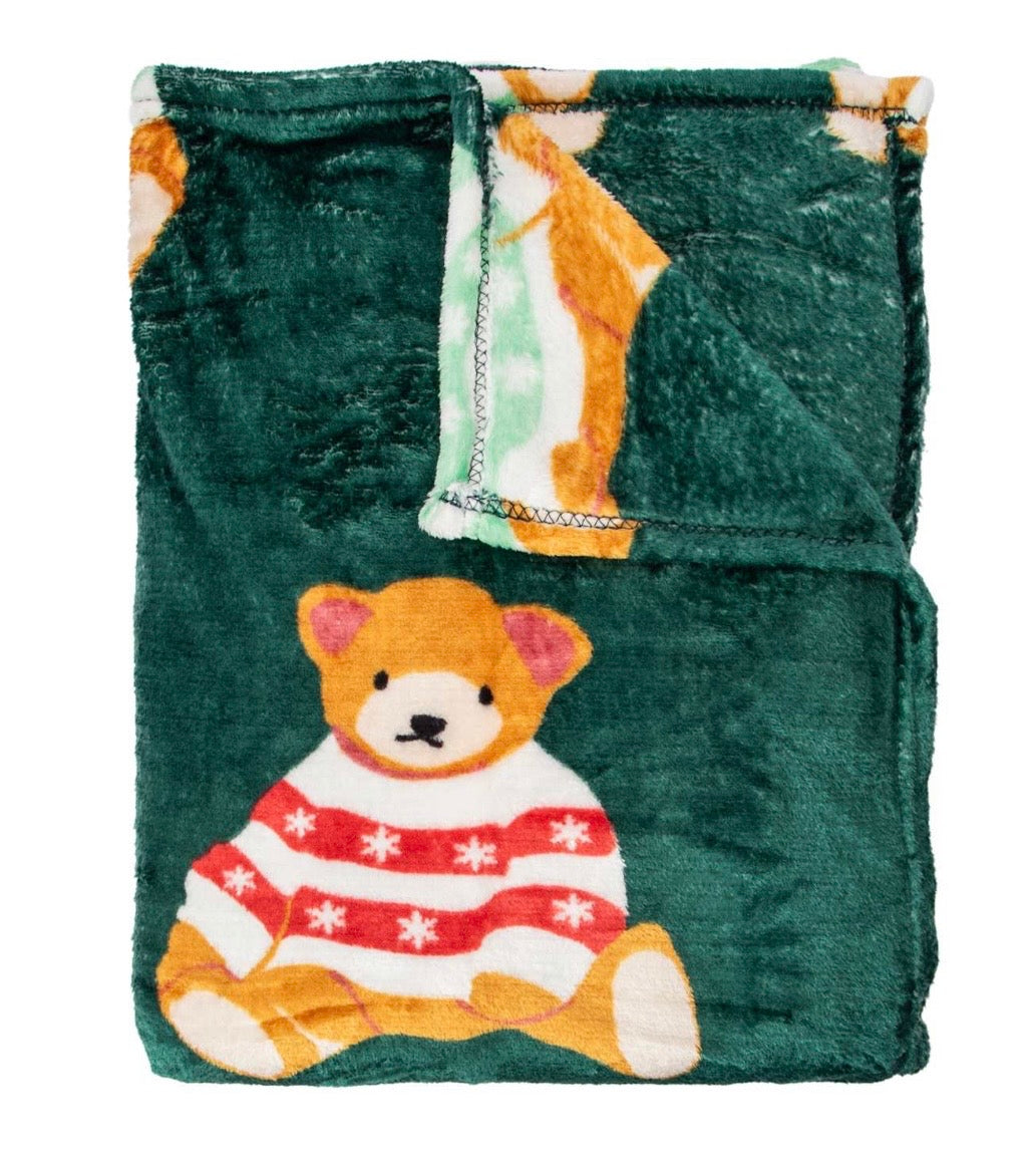 Plush Holiday Teddy Bear Throw Blanket, Green Velvet with Red and White Snowflake Pattern, Christmas Theme Decor