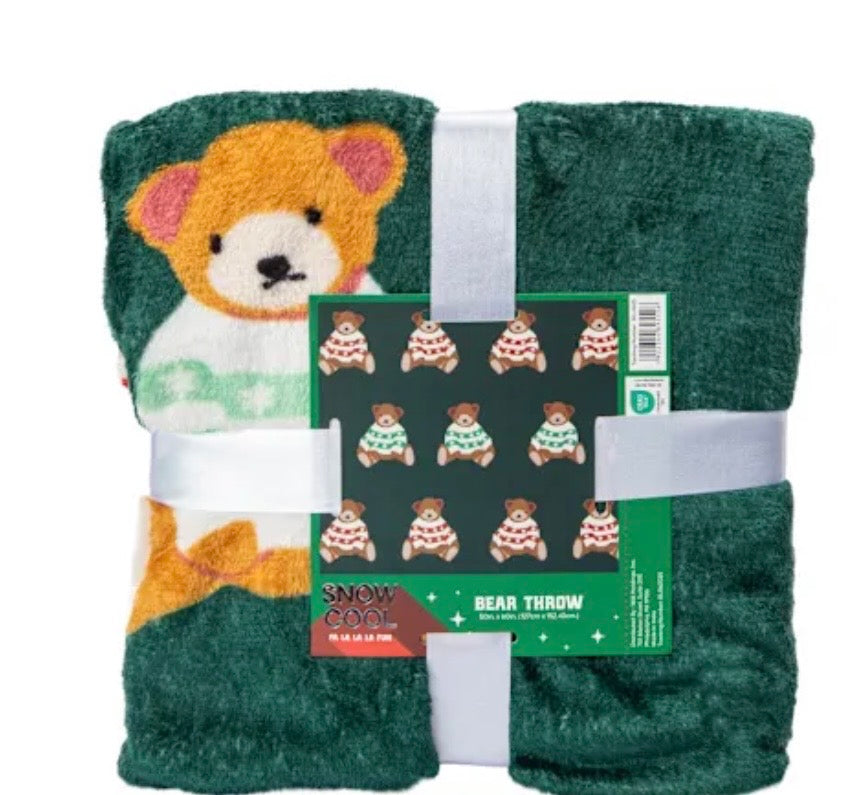 Plush Holiday Teddy Bear Throw Blanket, Green Velvet with Red and White Snowflake Pattern, Christmas Theme Decor