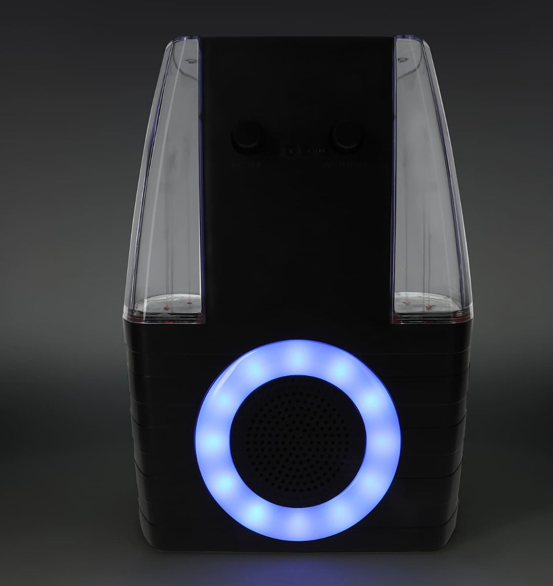 Dancing Light Show Bluetooth Karaoke Speaker, Black, LED Ring Light Display, Dual Microphone Ports, Portable Entertainment System