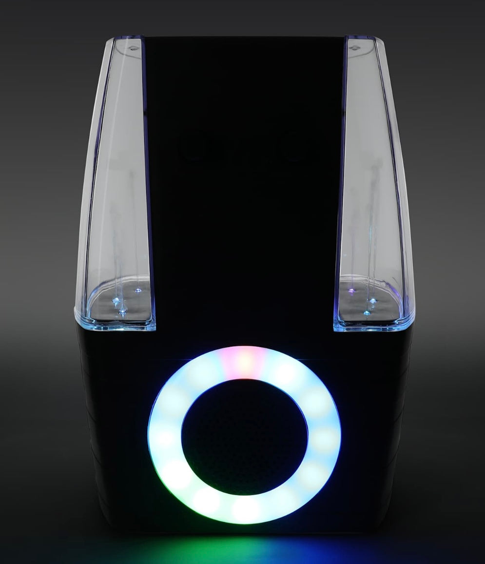 Dancing Light Show Bluetooth Karaoke Speaker, Black, LED Ring Light Display, Dual Microphone Ports, Portable Entertainment System
