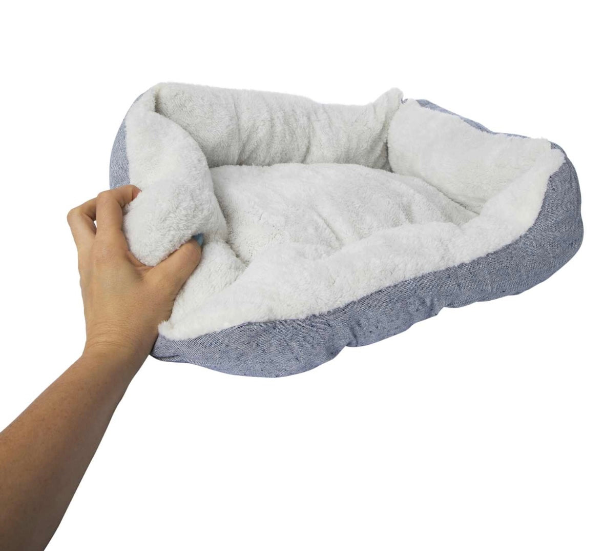 Pet Bed with Sherpa Lining, Gray Linen Exterior, Soft Cushioned Dog Bed