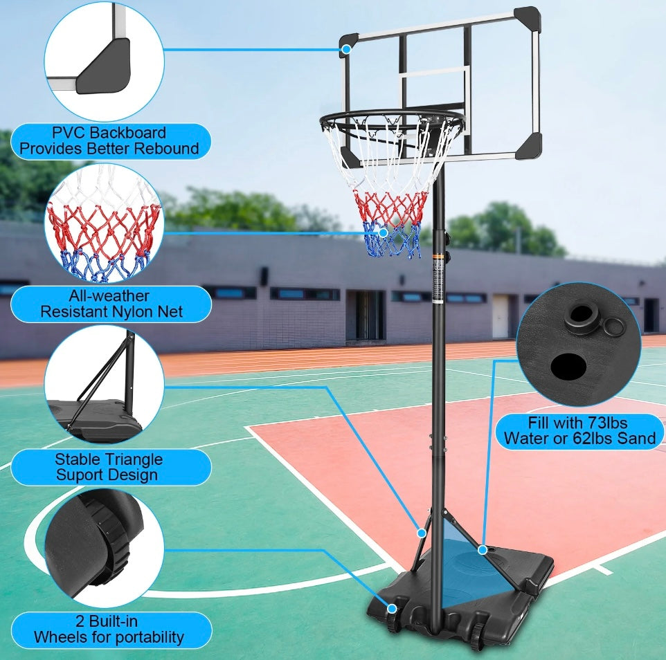 Portable Basketball Hoop System, 5.6-7 ft Height Adjustable, 28-inch Backboard, 16-inch Rim, Wheels for Mobility