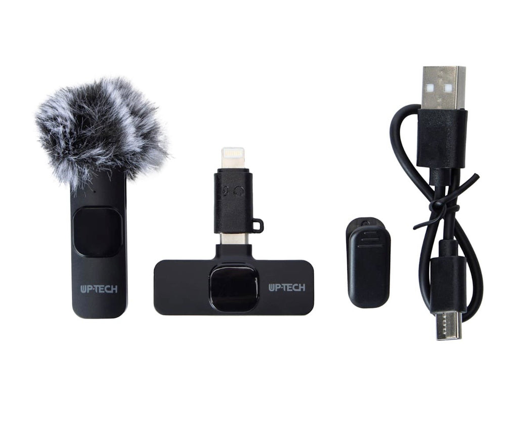 Professional Clip-on Lavalier Microphone with Furry Windscreen, Black, USB and Lightning Compatible, Portable Recording Device