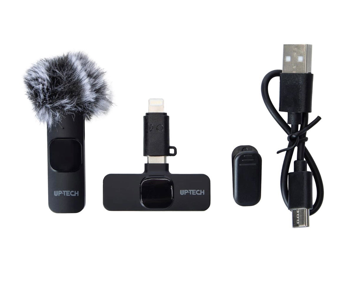 Professional Clip-on Lavalier Microphone with Furry Windscreen, Black, USB and Lightning Compatible, Portable Recording Device