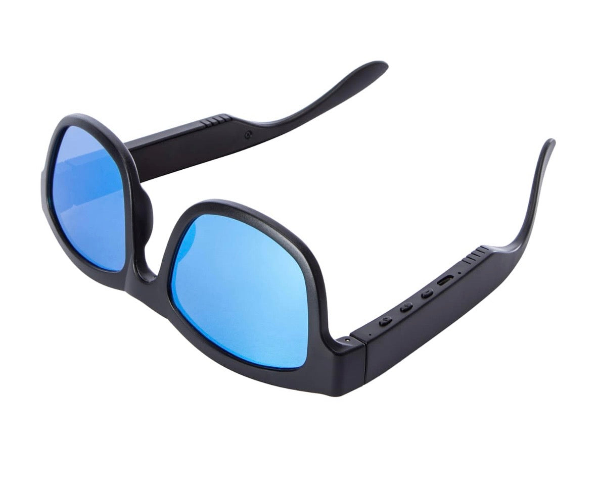 Bluetooth Audio Sunglasses, Black Frame with Blue Lenses, Wireless Smart Glasses