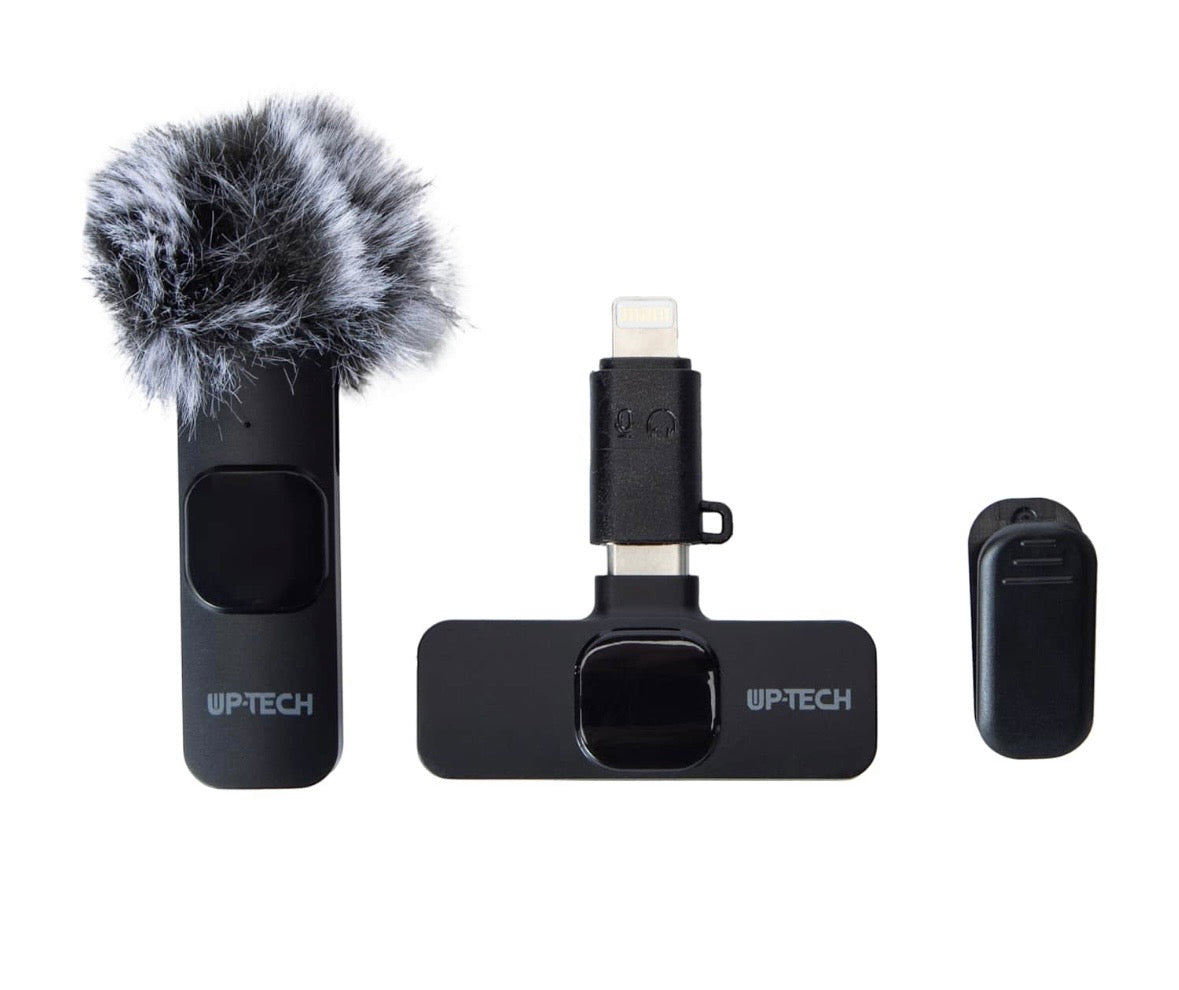 Professional Clip-on Lavalier Microphone with Furry Windscreen, Black, USB and Lightning Compatible, Portable Recording Device